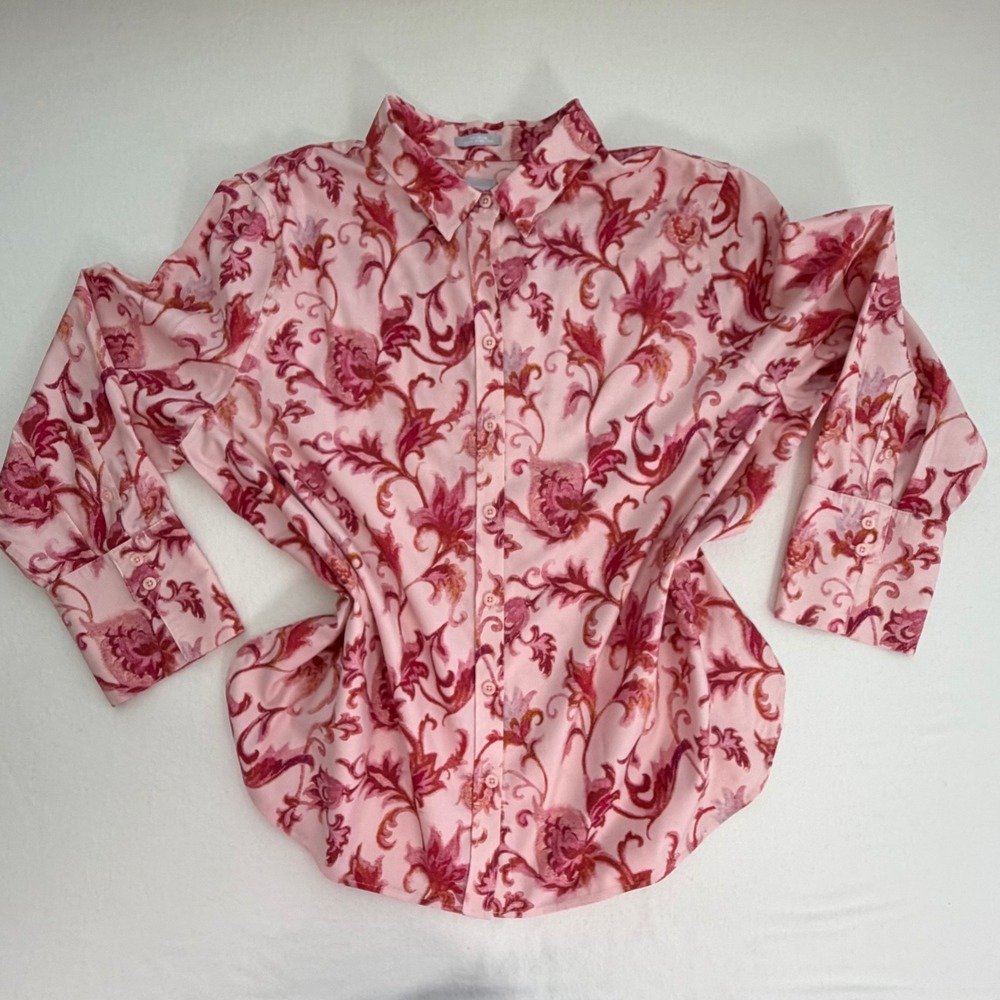 NWOT Chico's 4 Stretch Cotton Floral Button Shirt Pink Red 3/4 Sleeve Boho US 20 - Picture 16 of 16